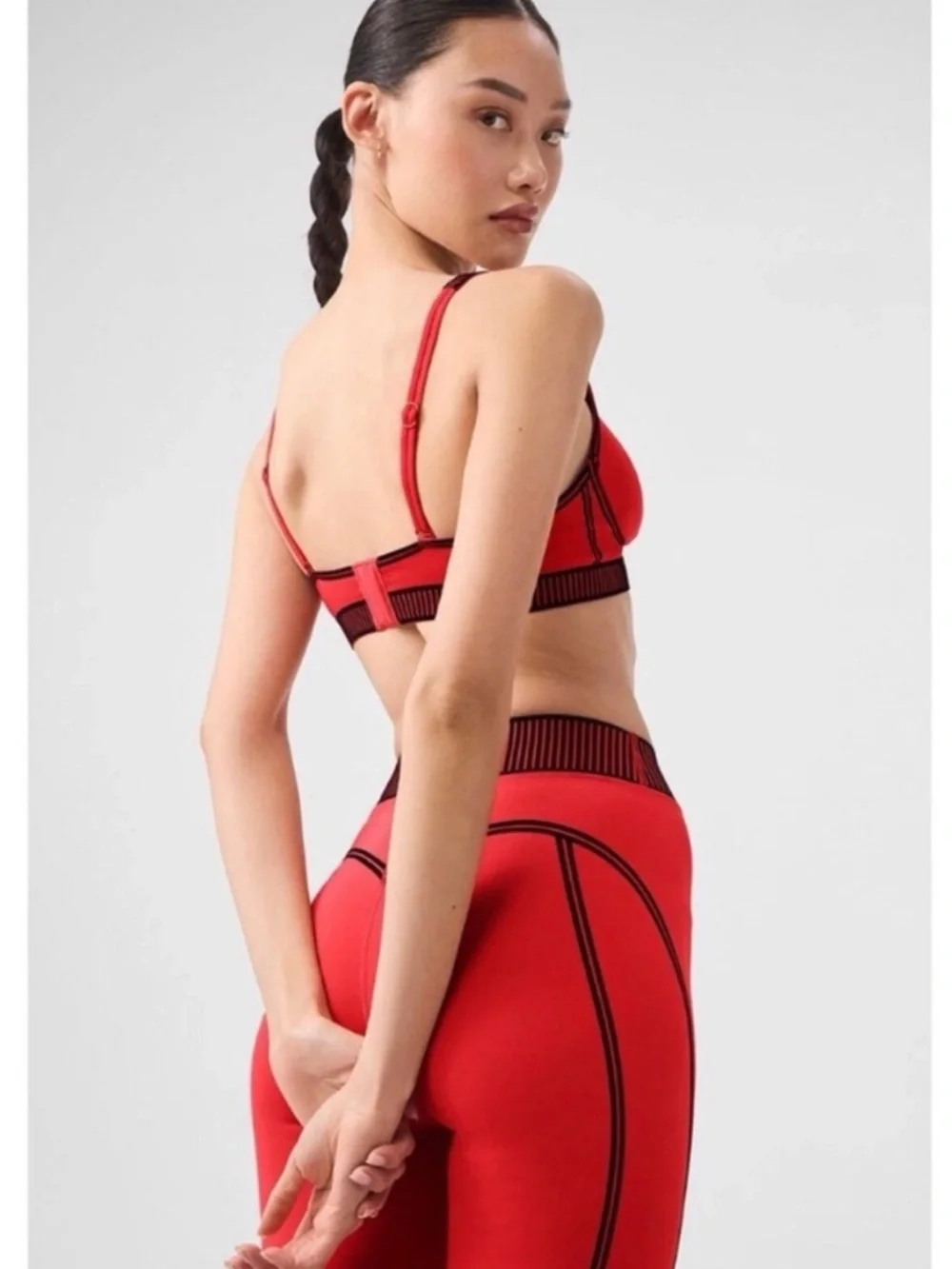 NWOT ALO Yoga Line Up Set Red Hot Summer High Waisted Leggings + Bra Sz XS 0-2